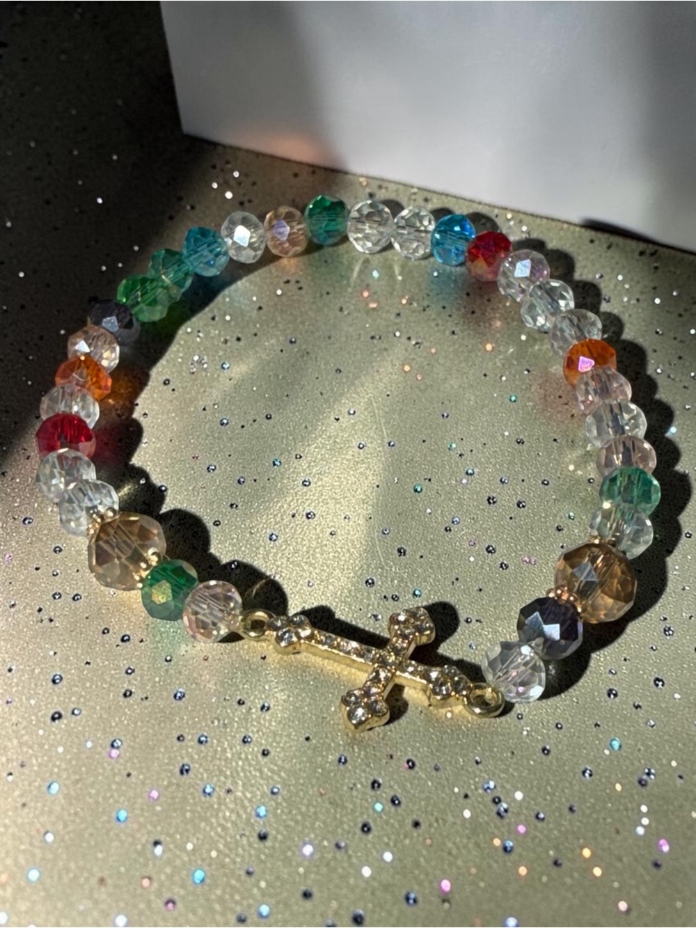 Multicolor Faceted Crystal Bead Bracelet Gold Tone Cross Faith Jewelry